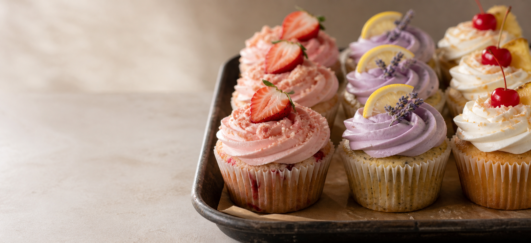 Assorted strawberry, lavender lemon, and pineapple cherry cupcakes on a bakery tray