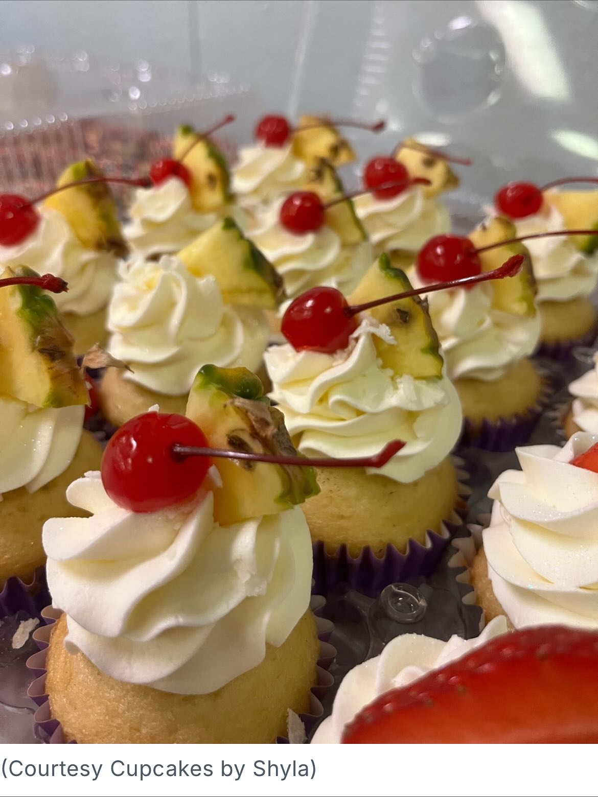 Pineapple cherry cupcakes with white frosting in a bakery box