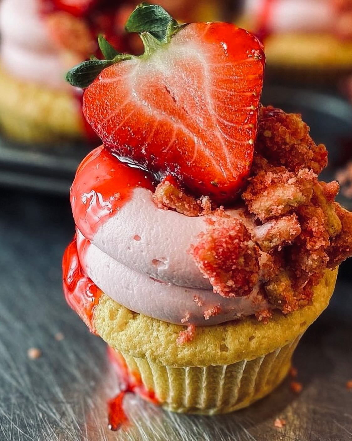 Close-up strawberry crunch cupcake
